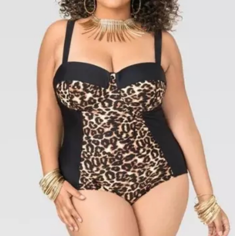 Leopard Print Plus-Size One-Piece Swim - Black/Leopard- Reposh!